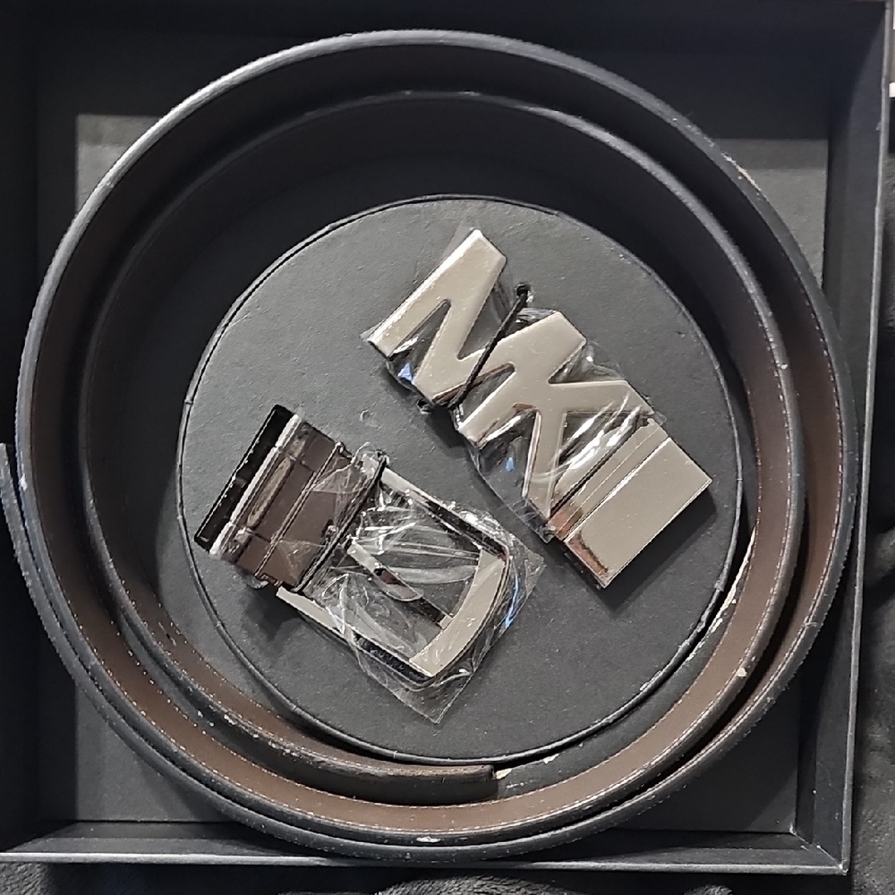 Michael Kors Signature MK /brown Leather Belt with Silver MK Buckle